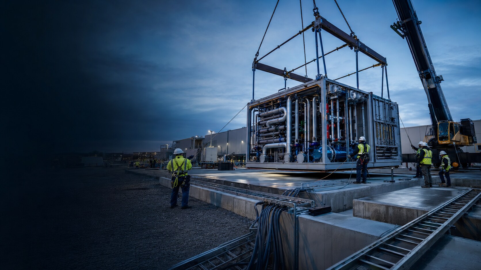 Field team installing a prefabricated cooling module at a data-center campus