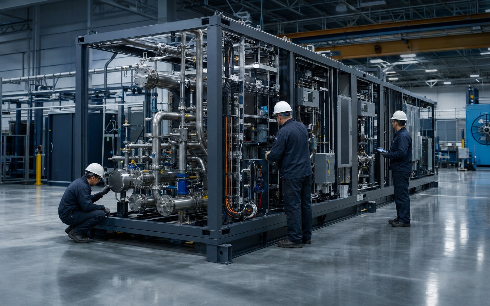 Technicians integrating a prefabricated mechanical and electrical data-center module